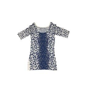Cache Cold Shoulder Blue Leopard Print Short-Sleeve Tunic Sweater Top Size Small